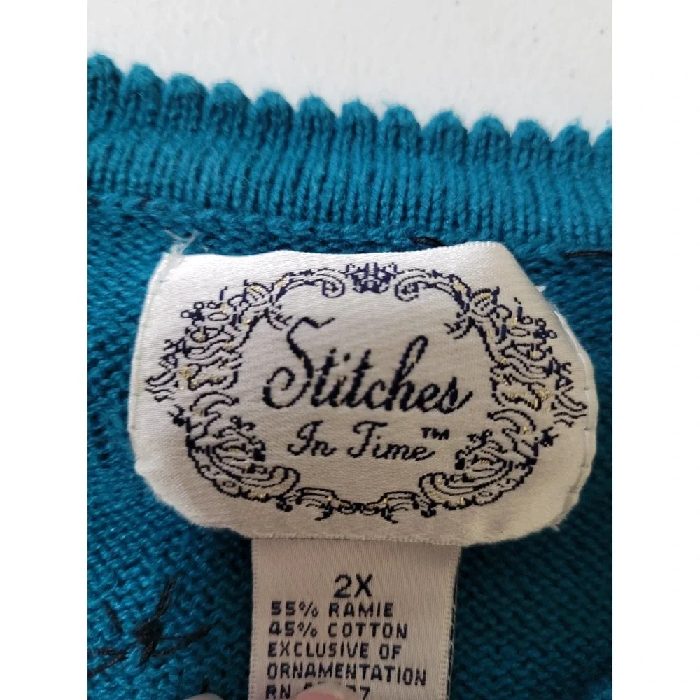 Stitches In Time Cardigan Sweater 2X Dark Turquiose Black Embellished Holiday - Picture 13 of 15